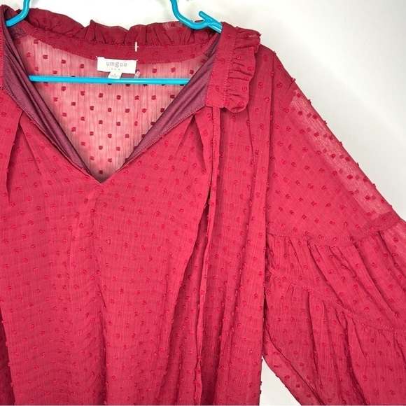 Umgee Swiss Dot Red Burgundy Boho Long Sleeve Tunic Dress Size Large - Picture 4 of 12